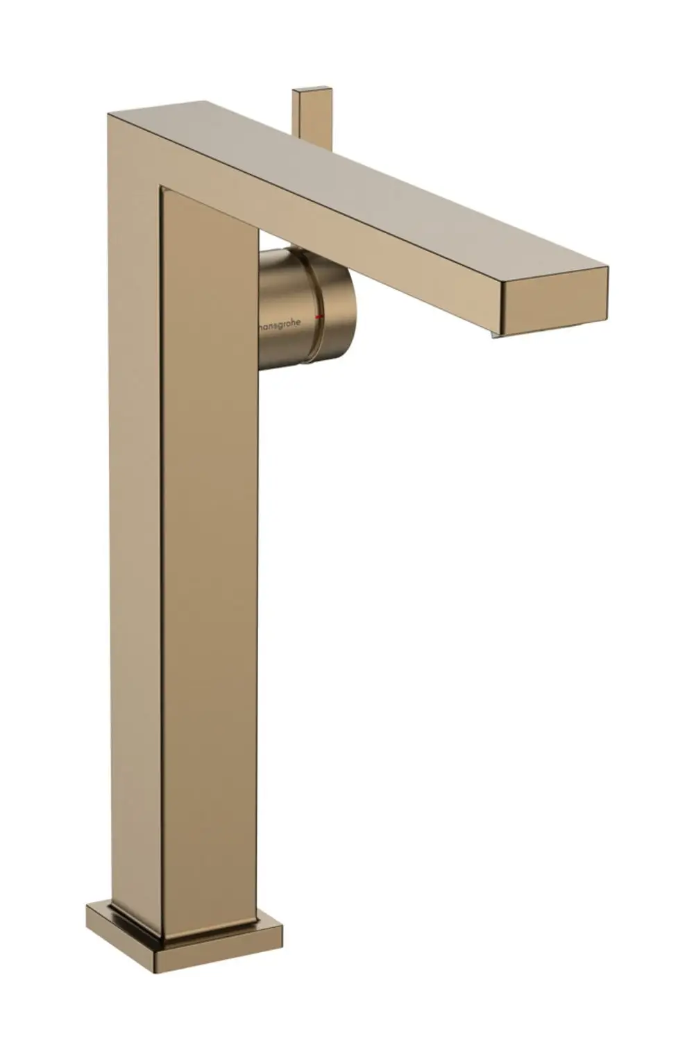Einhebel-Waschtischmischer in gebürstetem Bronze-Finish von Hansgrohe. Rechteckige Form mit schmalem Griff und integrierter Push-Open Ablaufgarnitur.